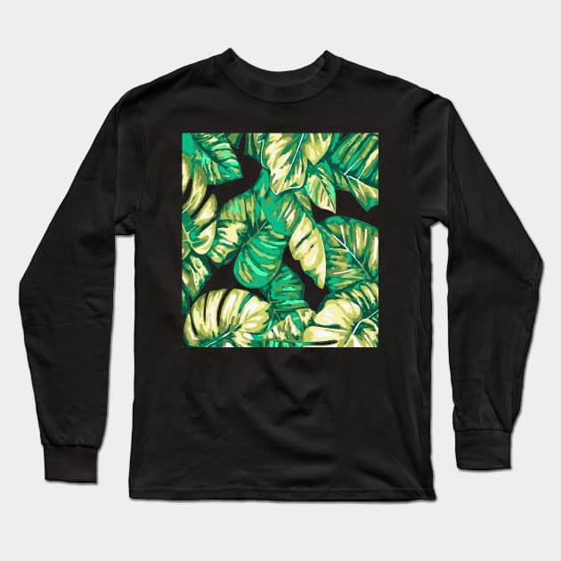 Tropical Leaves Of Banana and Monstera Green Khaki Cut Out Long Sleeve T-Shirt by taiche